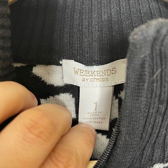 Weekends by Chicos Cardigan Womens Sz 1 Black/White Leopard Spotted Full zip - Picture 3 of 7